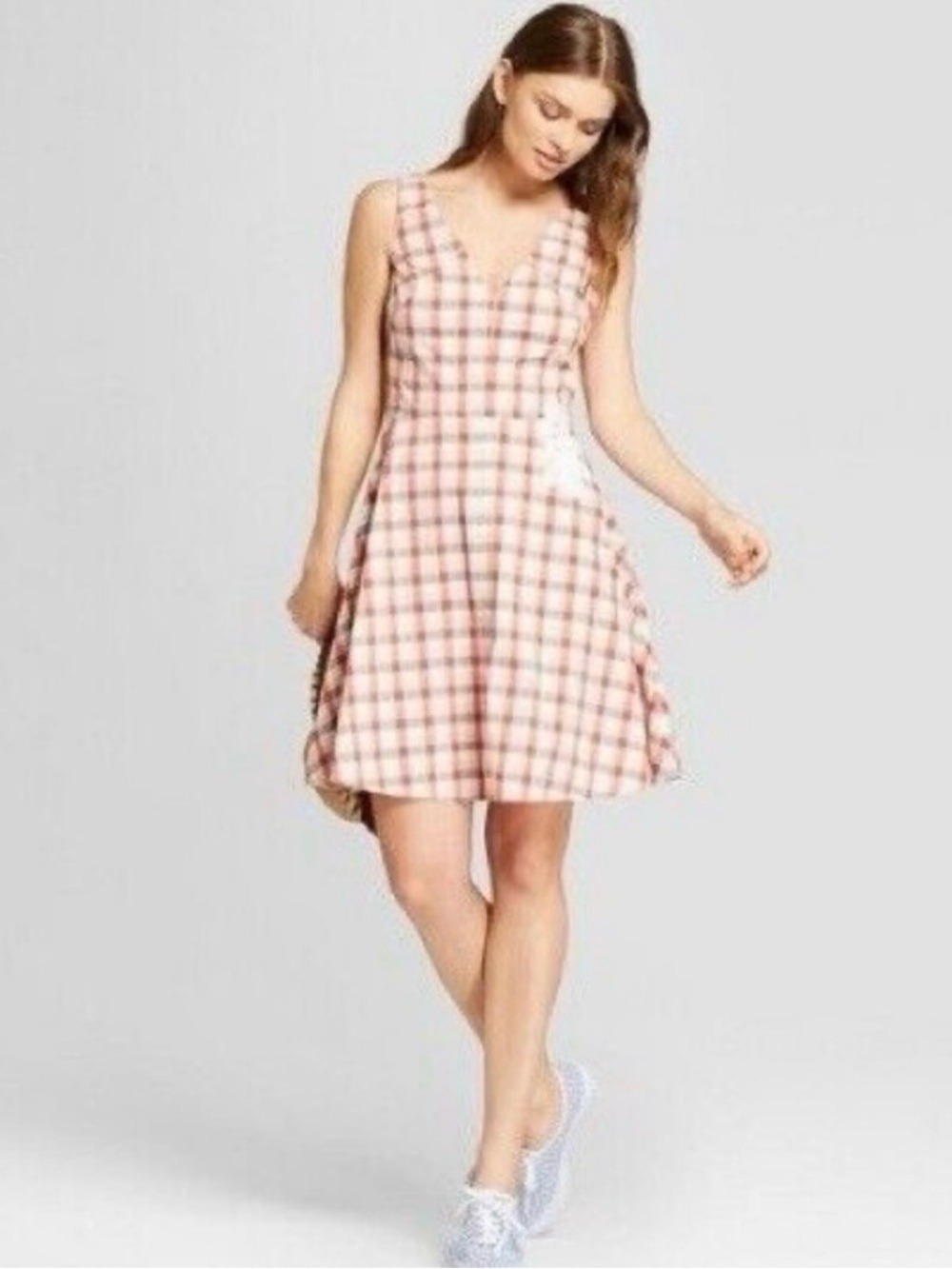 a new day Orange, Gray & Yellow Plaid Cotton V-Neck Dress 10